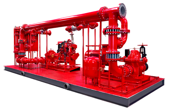 Red industrial piping system with valves and pumps on a platform.