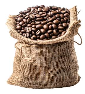 A burlap sack filled with coffee beans.