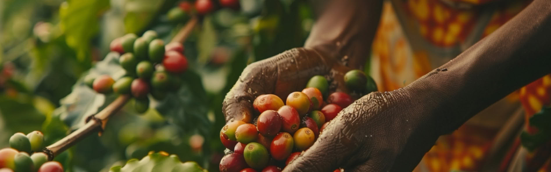 Person harvesting ripe coffee cherries from a plant.