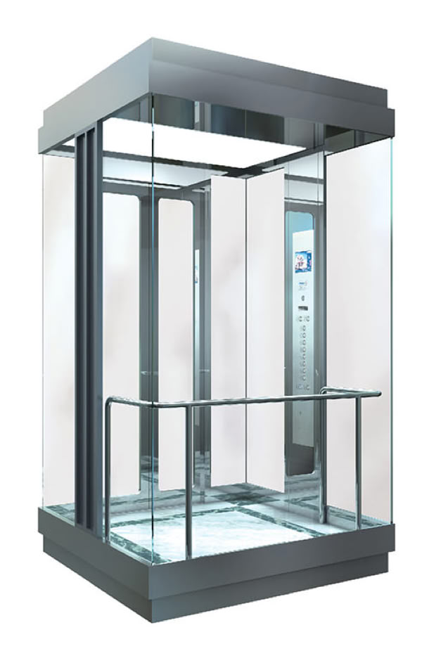 Glass elevator with metal frame and interior control panel.
