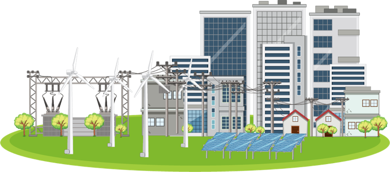 Illustration of a cityscape with wind turbines, solar panels, and power lines.