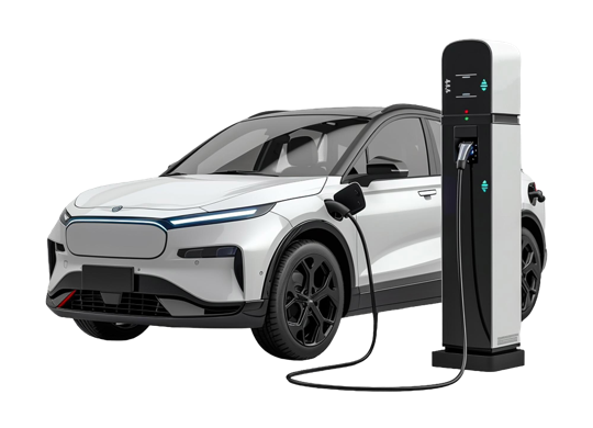 Electric car charging at a charging station.