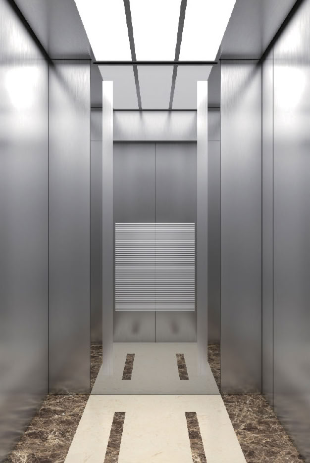 Modern elevator interior with metallic walls and a patterned floor.