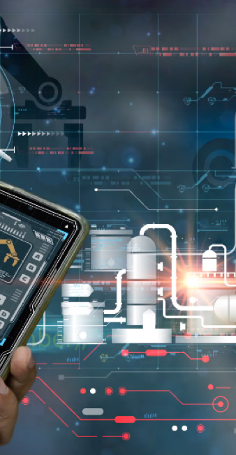 A hand holding a smartphone with industrial technology graphics, including a wind turbine and robotic arms, in the background.