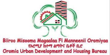 Logo of the Oromia Urban Development and Housing Bureau with a house, tree, and building design, and text in three languages.
