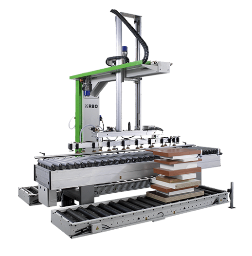 Automated industrial machine with conveyor and stacked materials.