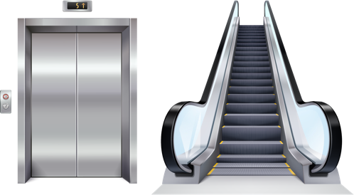 Elevator doors next to an escalator.