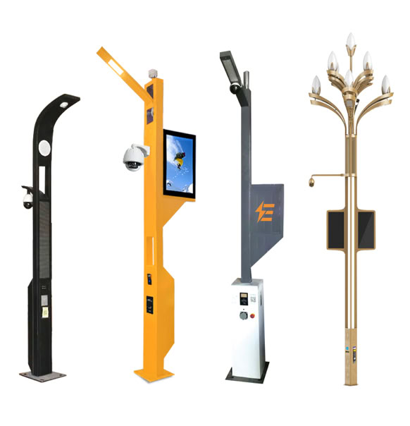 Four different styles of modern street lamp posts with various designs and features.