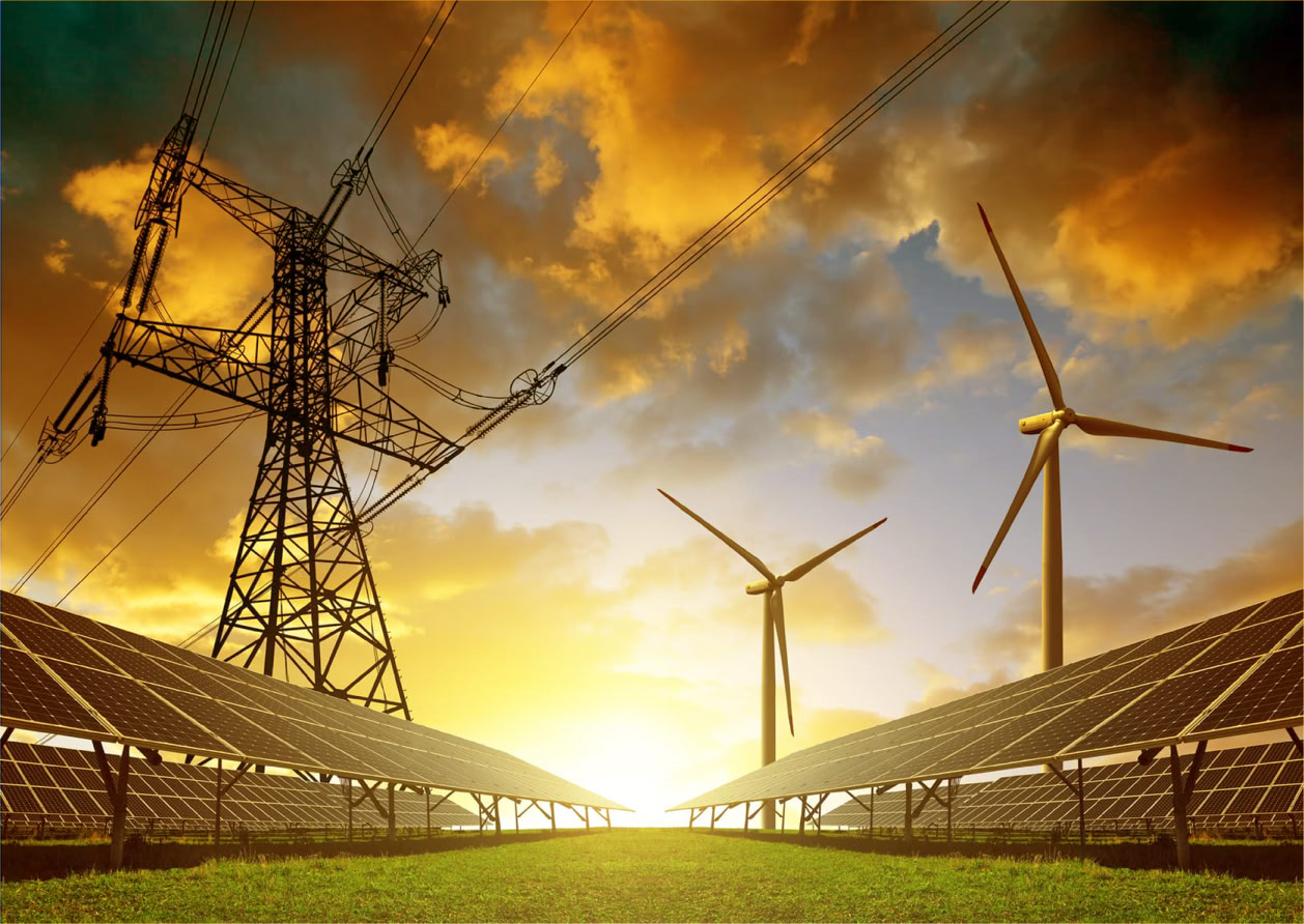 Power lines, wind turbines, and solar panels at sunset.