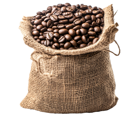 A burlap sack filled with roasted coffee beans.