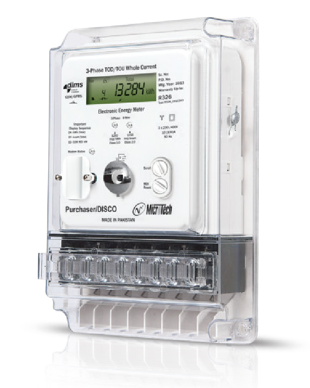 Digital energy meter with a transparent casing and an LCD display.