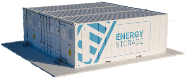 A white energy storage container with blue accents and the text "Energy Storage" on the side.