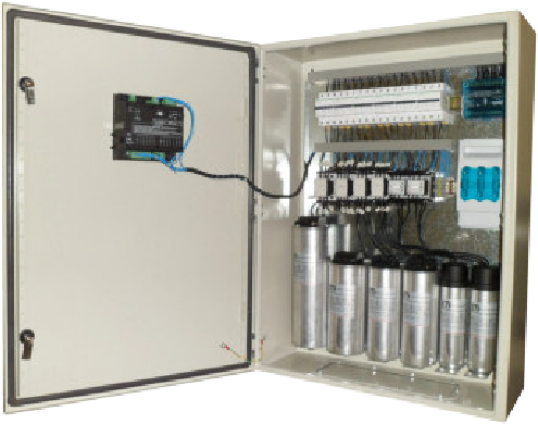 Electrical control panel with open door showing wiring and components.