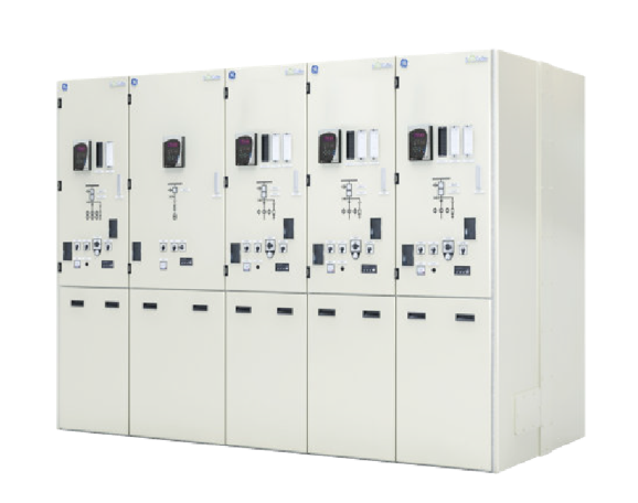 A row of five industrial electrical control panels with various switches and meters.