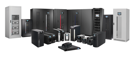 A variety of uninterruptible power supply (UPS) units in different sizes and designs arranged together.
