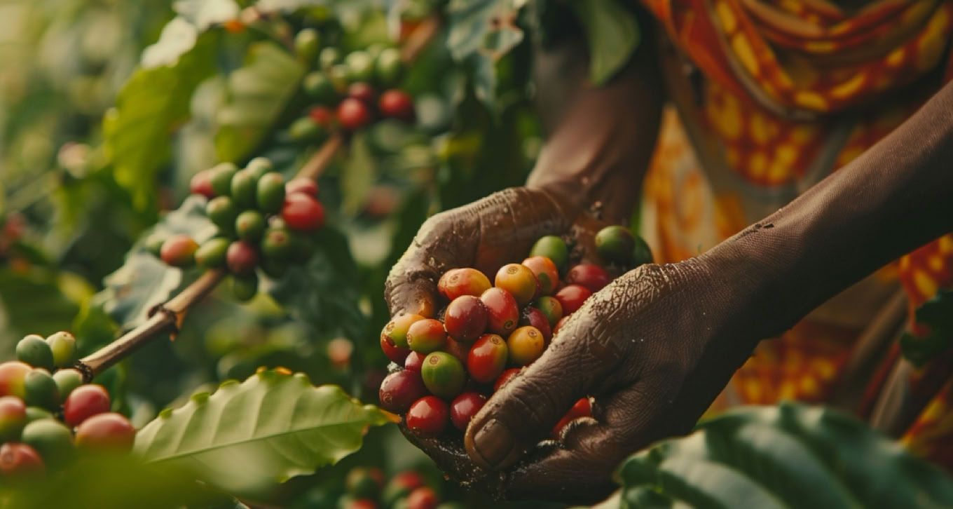 Person harvesting ripe coffee cherries from a plant.