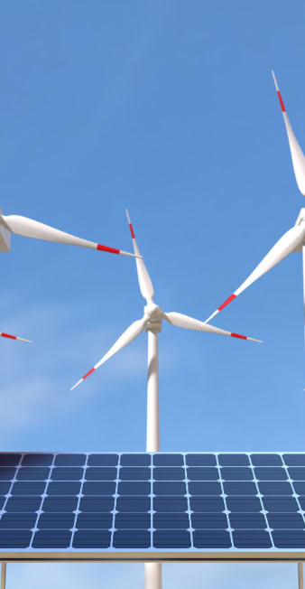 Wind turbines and solar panels under a clear blue sky.