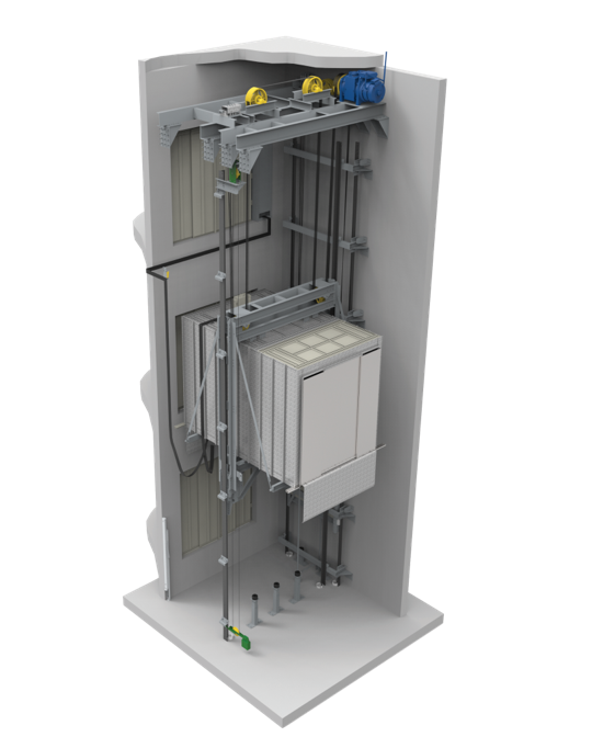 Cutaway view of an elevator shaft showing the elevator car, cables, and machinery.
